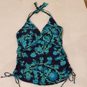 Lands End Tankini Halter Floral Print Bathing Suit Top Size 10
